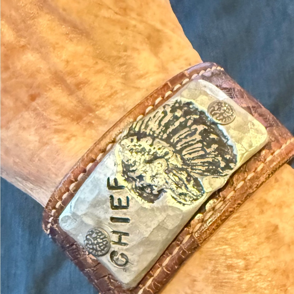 Indian Chief Hand tooled Vintage Brown Leather Cuff Bracelet